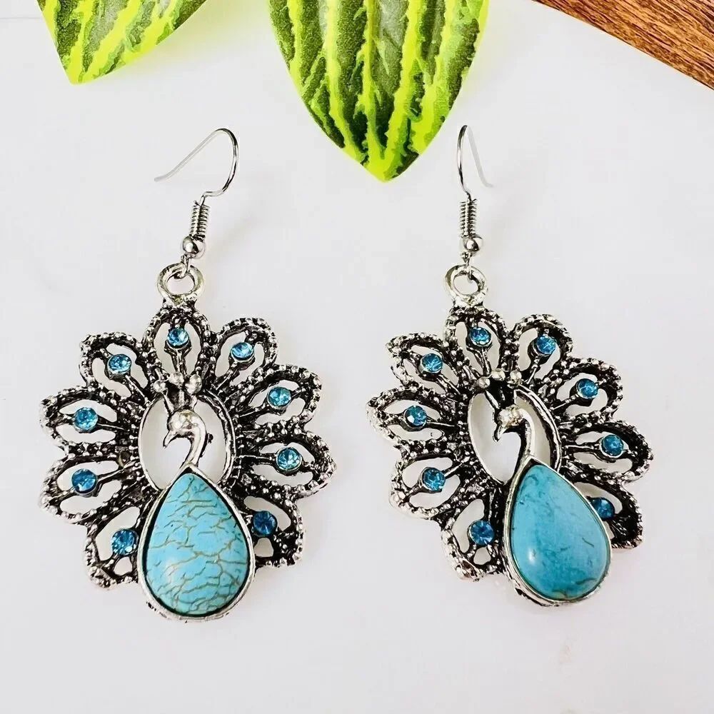 Peacock Teal Blue Faux Turquoise Rhinestone Silver Tone Dangle Drop Earrings